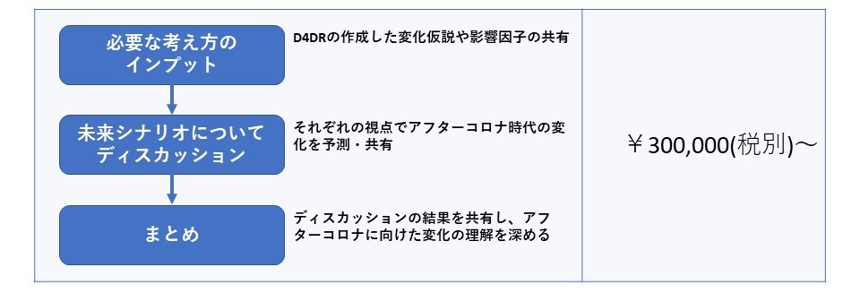 ・必要な考え方のインプット：D4DRの作成した変化仮説や影響因子の共有
↓
・未来シナリオについてディスカッション：それぞれの視点でアフターコロナ時代の変化を予測・共有
・