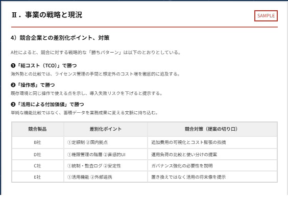 事業の戦略と現況のサンプル紙面。競合企業との差別化ポイントと対策（社名・数値はすべてダミー）
